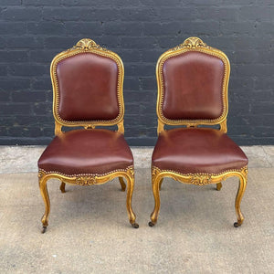 Pair of Antique French Louis XVI Gold-Leaf Gilded Carved Wood & Cognac Leather Side Chai