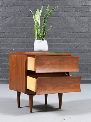 Mid Century Modern Sculpted Walnut Two-Drawer Nightstand, c.1960's