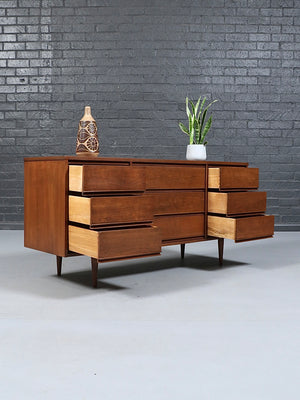 Mid-Century Modern 9-Drawer Walnut Dresser by Dixie, c.1960’s