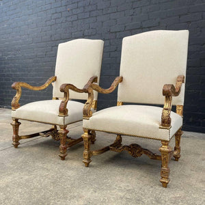 Pair of Italian Giltwood & Linen Arm Chairs