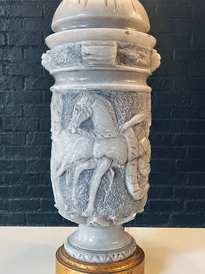 Pair of Monumental Neoclassical Revival Marble Table Lamps w/ Mythological Bas-Relief, c.1960s