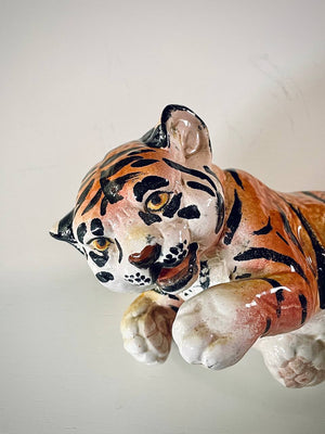 Mid-Century Italian Hand Painted Ceramic Baby Tiger Sculpture, c.1970’s