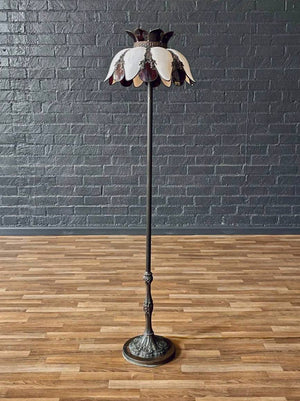 Vintage Art Nouveau Style Floor Lamp w/ Slag Glass Shade, c.1960’s