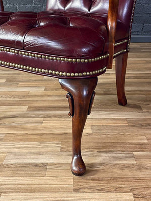 Pair of English Chippendale Style Button Tufted Leather Arm Chairs, c.1960’s