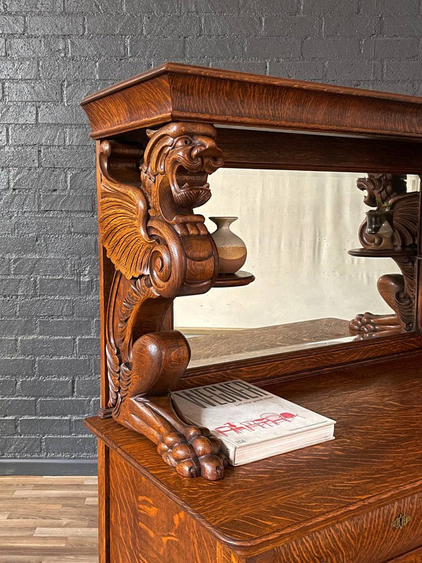 Antique American Quarter-Sawn Oak Sideboard w/ Winged Griffin Carvings, c.1920’s
