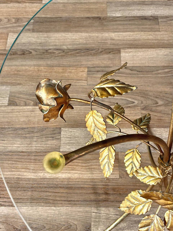 Italian Hollywood Regency Gilt-Metal Rose & Leaf Side Table w/ Glass Top, c.1960’s