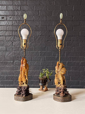 Pair of Mid-Century Carved Soapstone Chinese Fisherman Table Lamps w/ Decorative Brass Bases, c.1960’s