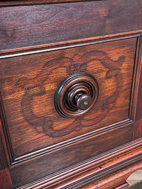 English Jacobean Style Mahogany Sideboard Cabinet by Berkey & Gay, c.1940’s