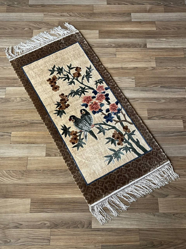 Vintage Silk Rug Tapestry With Birds Motif