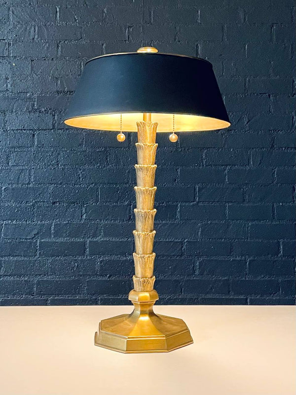 Hollywood Regency Brass “As You Like It” Stacked Leaf Table Lamp w/ Black Metal Shade, c.1970’s