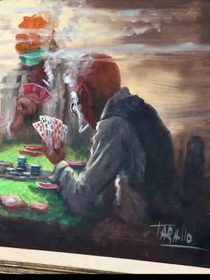 Vintage Signed Latin American Poker Scene Oil Painting by Rodolfo Tarallo, c.1980's