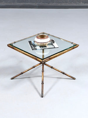 Vintage French Hollywood Regency Faux Bamboo Gilt Iron & Glass Side Table, c.1960’s