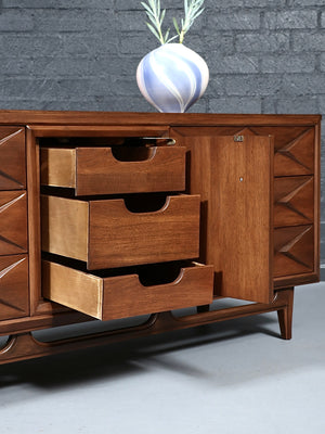 Mid-Century Modern Sculpted Dresser w/ Cane & Brass Accents, c.1960’s
