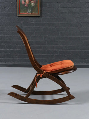 American Victorian Folding Cane Rocking Chair w/ Carved Rose Crest, c.1920's