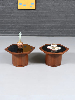 Pair of Mid-Century Modern Walnut Hexagonal Drum Side Tables, c.1960's