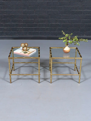Pair of Hollywood Regency Faux Brass Bamboo & Glass Side Tables, c.1960’s