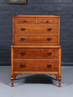 American Colonial Revival Tiger Maple Highboy Dresser by Marvel Furniture Co, c.1980’s