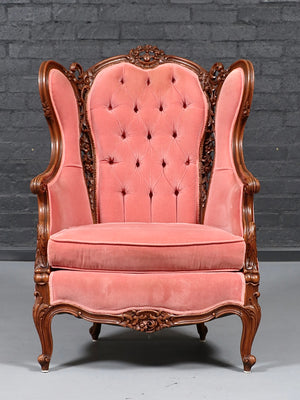Antique Victorian Rococo Revival Carved Walnut & Velvet Wingback Chair, c.1950’s