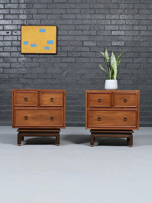 Pair of American of Martinsville Chinoiserie Walnut Night Stands, c.1960’s