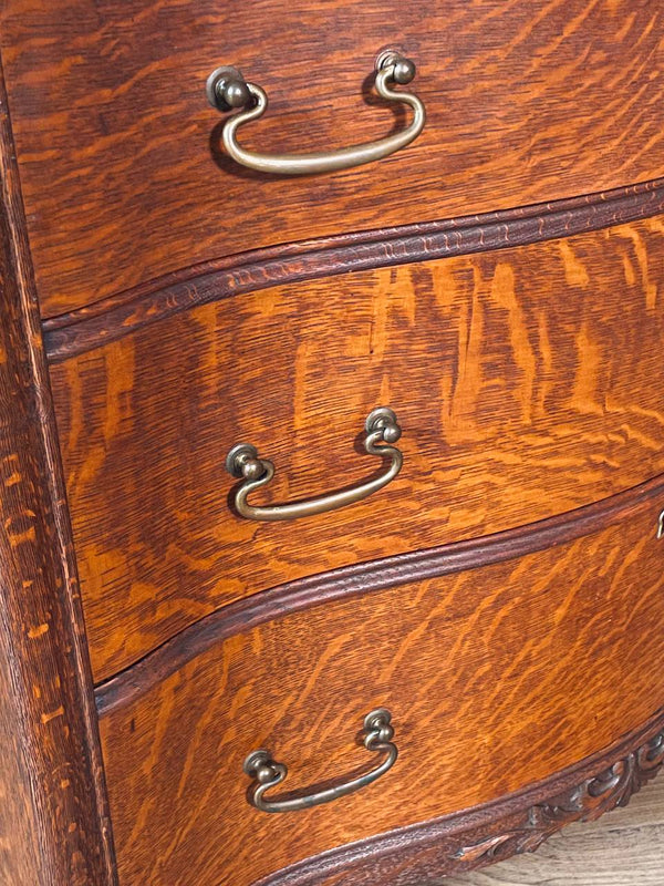 American Edwardian Colonial Style Tiger Oak Bombe Highboy Dresser w/ Hidden Cabinet, c.1920’s