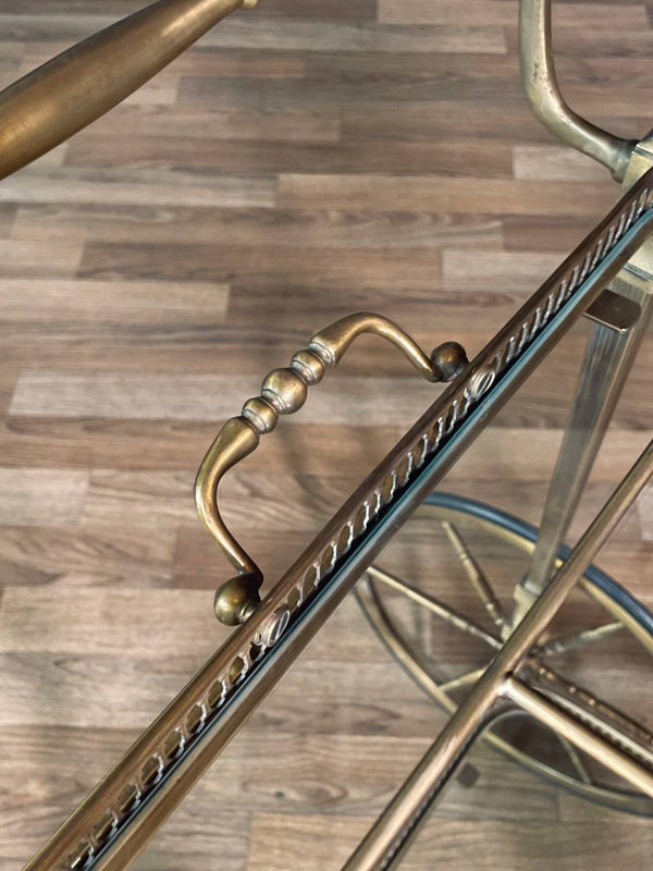 Vintage French Hollywood Regency Brass Service Cart w/ Bottle Holder, c.1960’s