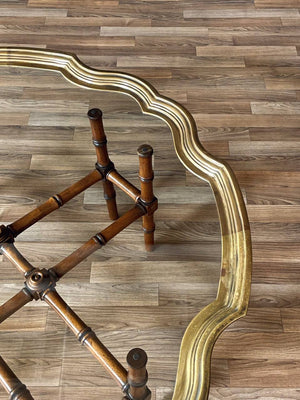 Mid-Century Brass Scalloped Glass Coffee Table w/ Faux Bamboo Base by Baker, c.1970’s