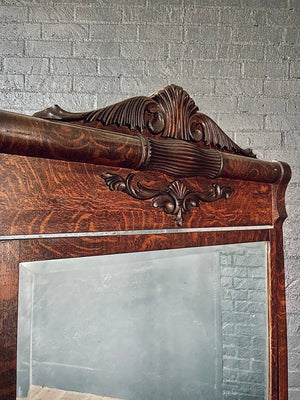 Antique Victorian Eastlake Tiger Oak Dresser with Beveled Mirror, c.1920’s