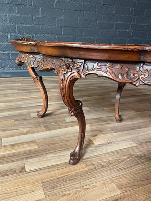Italian Rococo Revival Carved Walnut Coffee Table w/ Floral Marquetry Inlay c.1920's