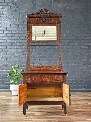 Antique Victorian Eastlake Tiger Oak Hall Stand with Mirror, c.1920’s