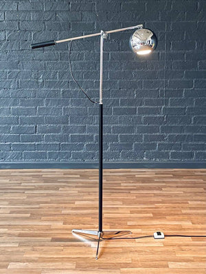 Mid-Century Modern Adjustable Chrome Orb Floor Lamp w/ Leather-Wrapped Handle, c.1970’s