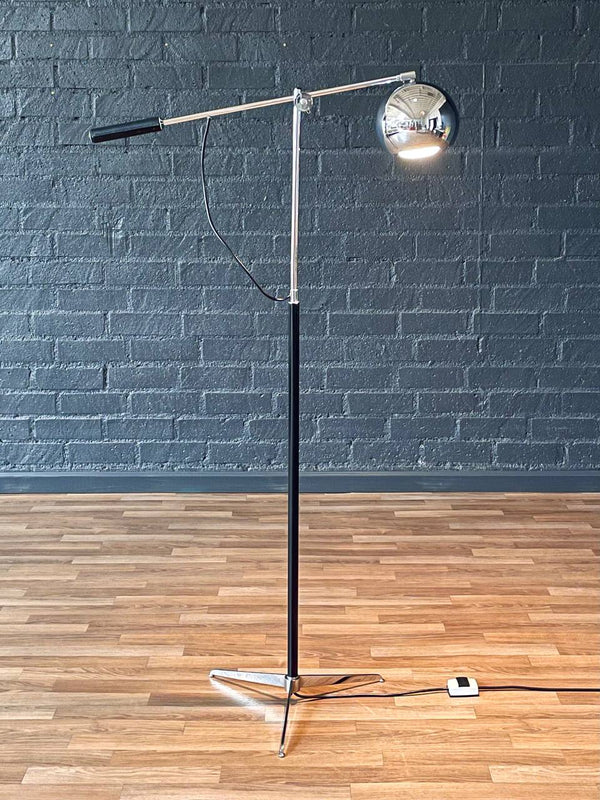 Mid-Century Modern Adjustable Chrome Orb Floor Lamp w/ Leather-Wrapped Handle, c.1970’s