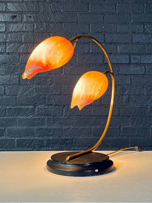 Hollywood Regency Brass Arch Table Lamp w/ Authentic Seashell Shades, c.1970’s