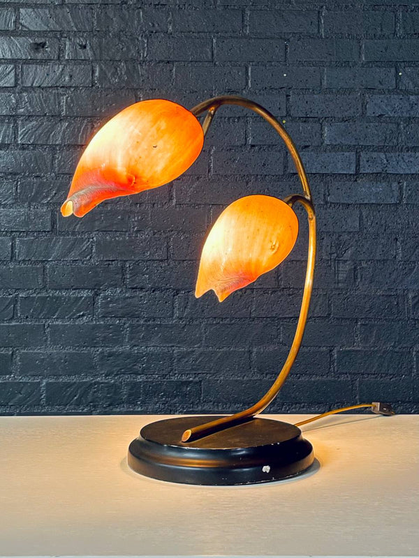 Hollywood Regency Brass Arch Table Lamp w/ Authentic Seashell Shades, c.1970’s