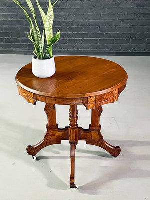 Victorian Eastlake Walnut & Burl Wood Round Center Table w/ Porcelain Casters c.1900's