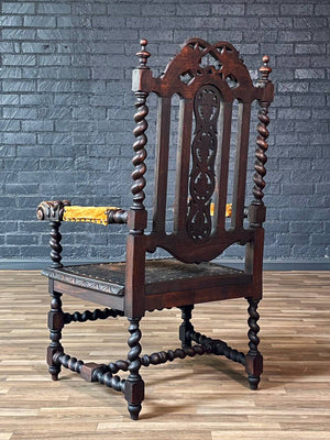 English Baroque Oak & Tooled Leather Armchair w/ Barley Twist Legs, c.1910’s