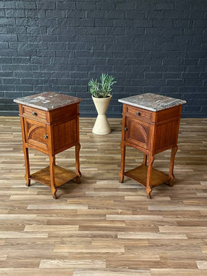 Pair of French Art Deco Style Oak Night Stands with Marble Tops, c.1940’s