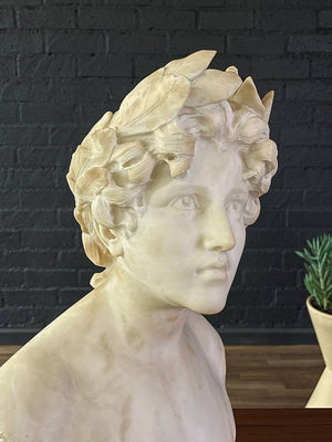 Signed Carved Alabaster Neoclassical Sculpture of Giuseppe Bessi Bust on Stand, c. 1920’s