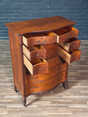 American Edwardian Colonial Style Tiger Oak Bombe Highboy Dresser w/ Hidden Cabinet, c.1920’s