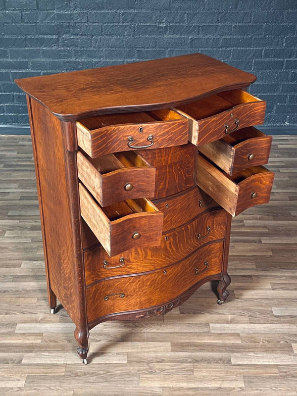 American Edwardian Colonial Style Tiger Oak Bombe Highboy Dresser w/ Hidden Cabinet, c.1920’s