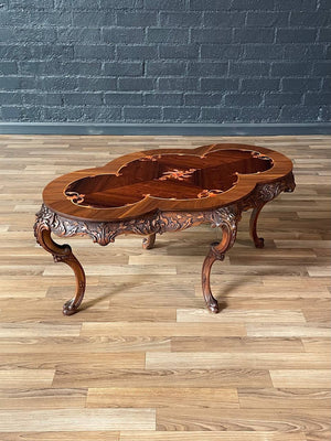 Italian Rococo Revival Carved Walnut Coffee Table w/ Floral Marquetry Inlay c.1920's