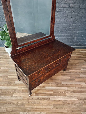 Antique Victorian Eastlake Tiger Oak Dresser with Beveled Mirror, c.1920’s