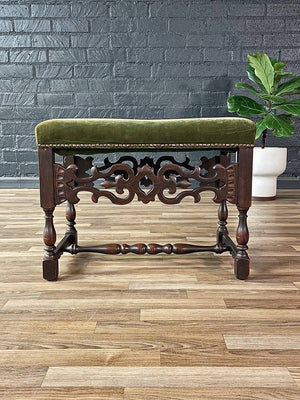 Spanish Revival Carved Wood & Velvet Stool w/ Nailhead Trim, 1940’s