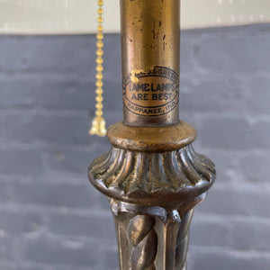 Antique Bronze Table Lamp & Original Painted Glass  Shade, c.1930’s