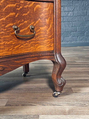 American Edwardian Colonial Style Tiger Oak Bombe Highboy Dresser w/ Hidden Cabinet, c.1920’s