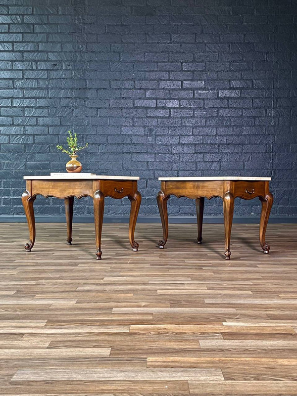Pair of French Provincial Style Side Tables w/ Travertine Tops by Crown City Table Co., c.1960’s