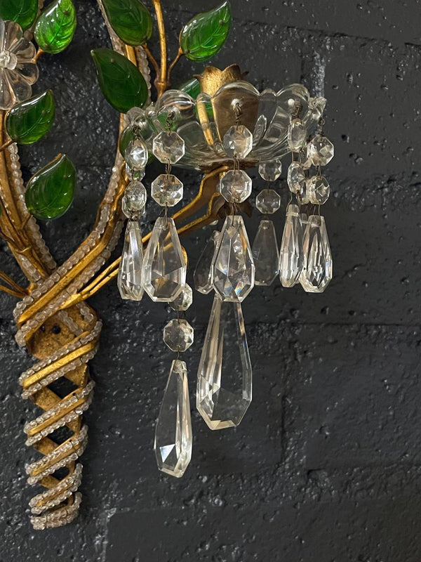 Pair of Italian Crystal Beaded Sconces with Floral Decorations, c.1940’s