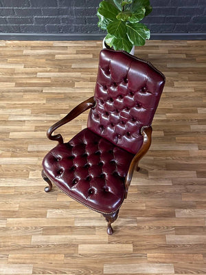 Pair of English Chippendale Style Button Tufted Leather Arm Chairs, c.1960’s