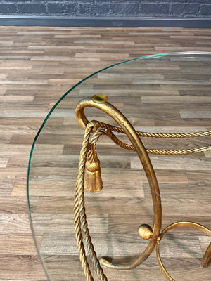 Italian Hollywood Regency Gilt Metal Rope & Tassel Side Table w/ Glass Top, c.1960’s