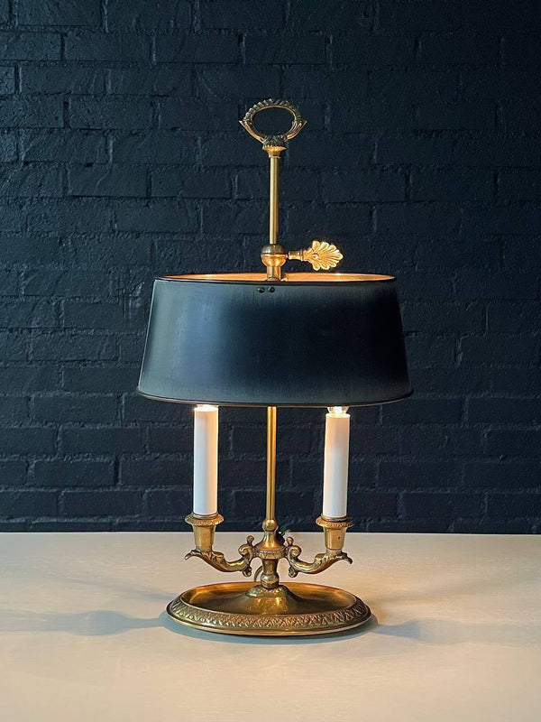 Vintage French Bouillette Double Brass Table Lamp with Tole Shade, c.1960’s