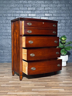 Vintage Federal Revival Mahogany Highboy Dresser w/ Brass Pulls, c.1950s